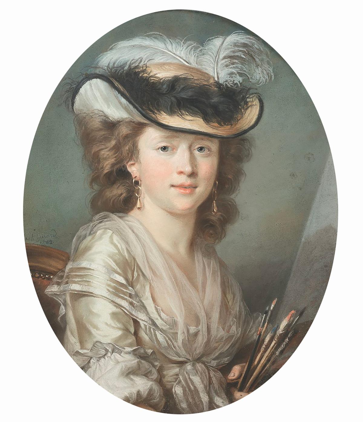 A detail of the artist's self portrait, circa 1782, by Adélaïde Labille-Guiard. Pastel; 24 9/16 inches by 20 5/16 inches. (Public Domain)