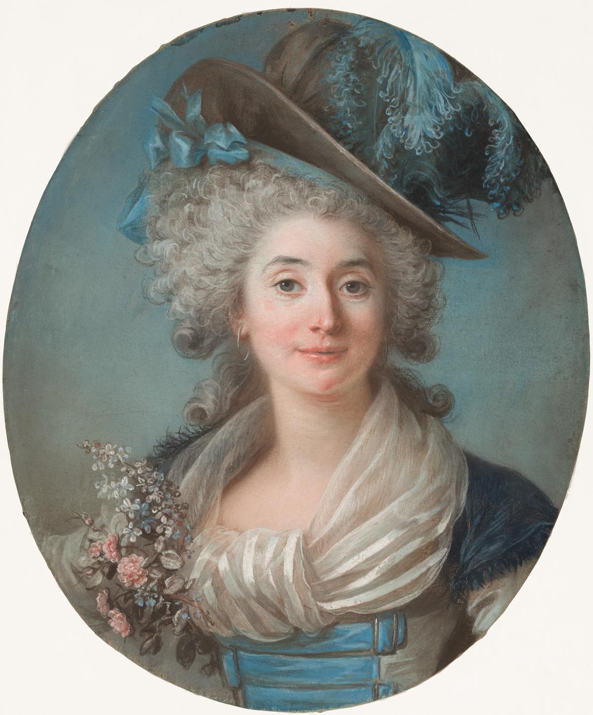 A fashionable noblewoman wearing a plumed hat, circa 1789, by Adélaïde Labille-Guiard. pastel on blue laid paper mounted on canvas; 21 5/8 inches by 18 1/8 inches. National Gallery of Art, Washington. (Public Domain)