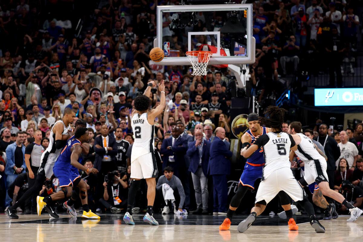 Dylan Harper No. 2 of the San Antonio Spurs attempts a free throw against the New York Knicks during the fourth quarter in Game Five of the 2026 NBA Finals at Frost Bank Center in San Antonio on June 13, 2026. (Gregory Shamus/Getty Images)