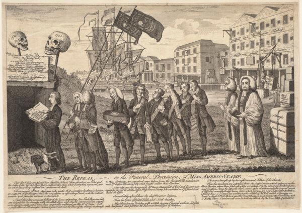 A cartoon depicting a funeral procession for the Stamp Act. (BPL/<a href="https://commons.wikimedia.org/wiki/File:The_repeal._Or_the_funeral_procession,_of_Miss_Americ-stamp.jpg">CC BY SA-2.0</a>)