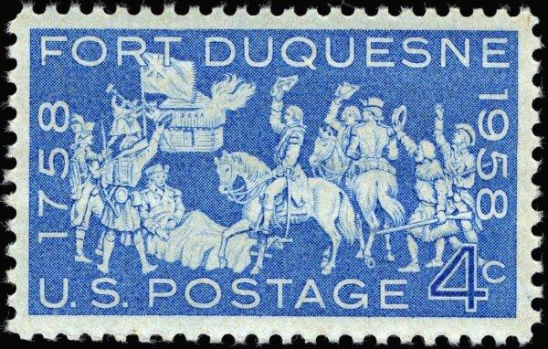 This commemorative stamp marks the fall of Fort Duquesne, a crucial British victory that broke French control over the Ohio River Valley. (Public Domain)