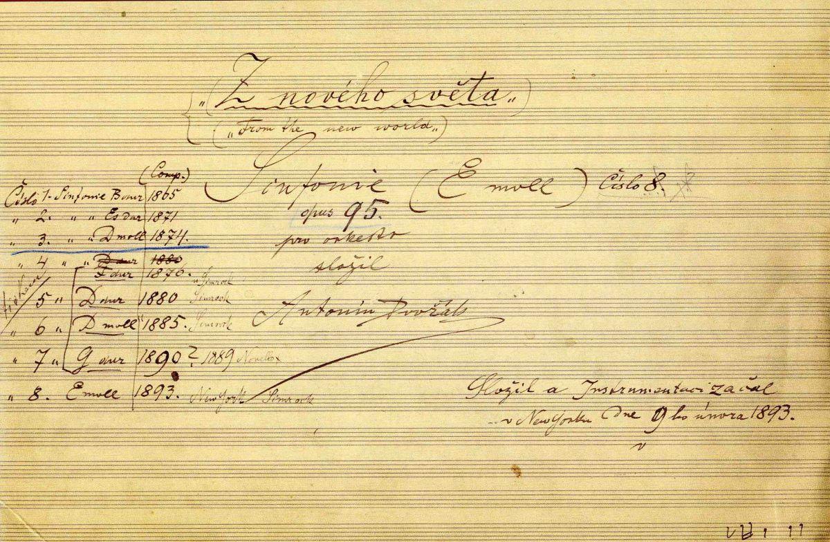The title page of the autographed score of Dvorak's ninth symphony, "From the New World." (Public Domain)