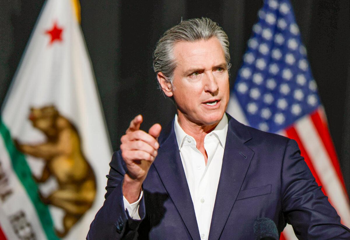 California Gov. Gavin Newsom speaks to reporters in Stockton, Calif., on Oct. 22, 2025. (Justin Sullivan/Getty Images)