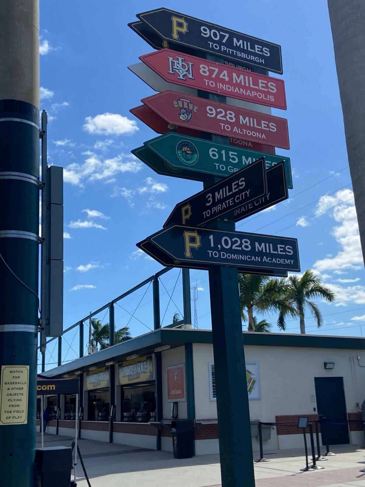 The sign depicts the levels and locations of the team’s affiliates that Hyun Seung Lee will have to navigate through to reach the MLB level in Pittsburgh. (Courtesy of Donald Laible)