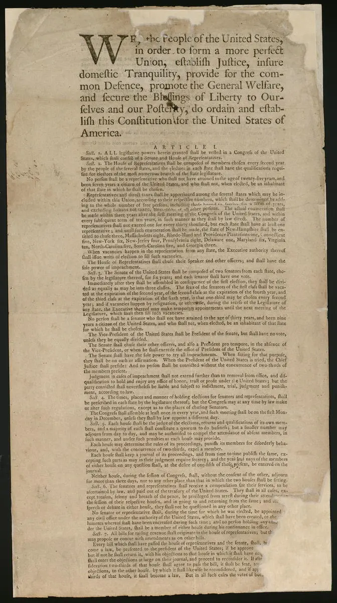Original broadside printing of the United States Constitution by Dunlap & Claypoole, 1787. Library of Congress. (Public Domain)