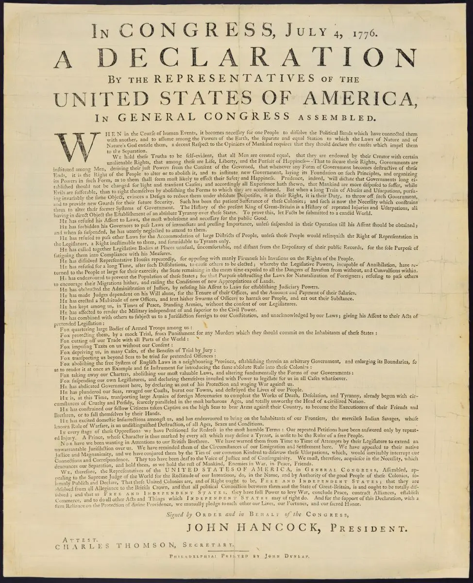 The Dunlap broadside copy of the United States Declaration of Independence, in Caslon typeface. Library of Congress. (Public Domain)