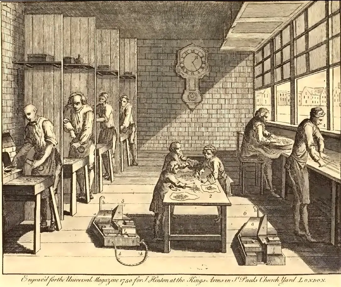 Workers casting type in William Caslon's foundry in 1750. On the floor, many times enlarged, are the two halves of a type mold. (Public Domain)