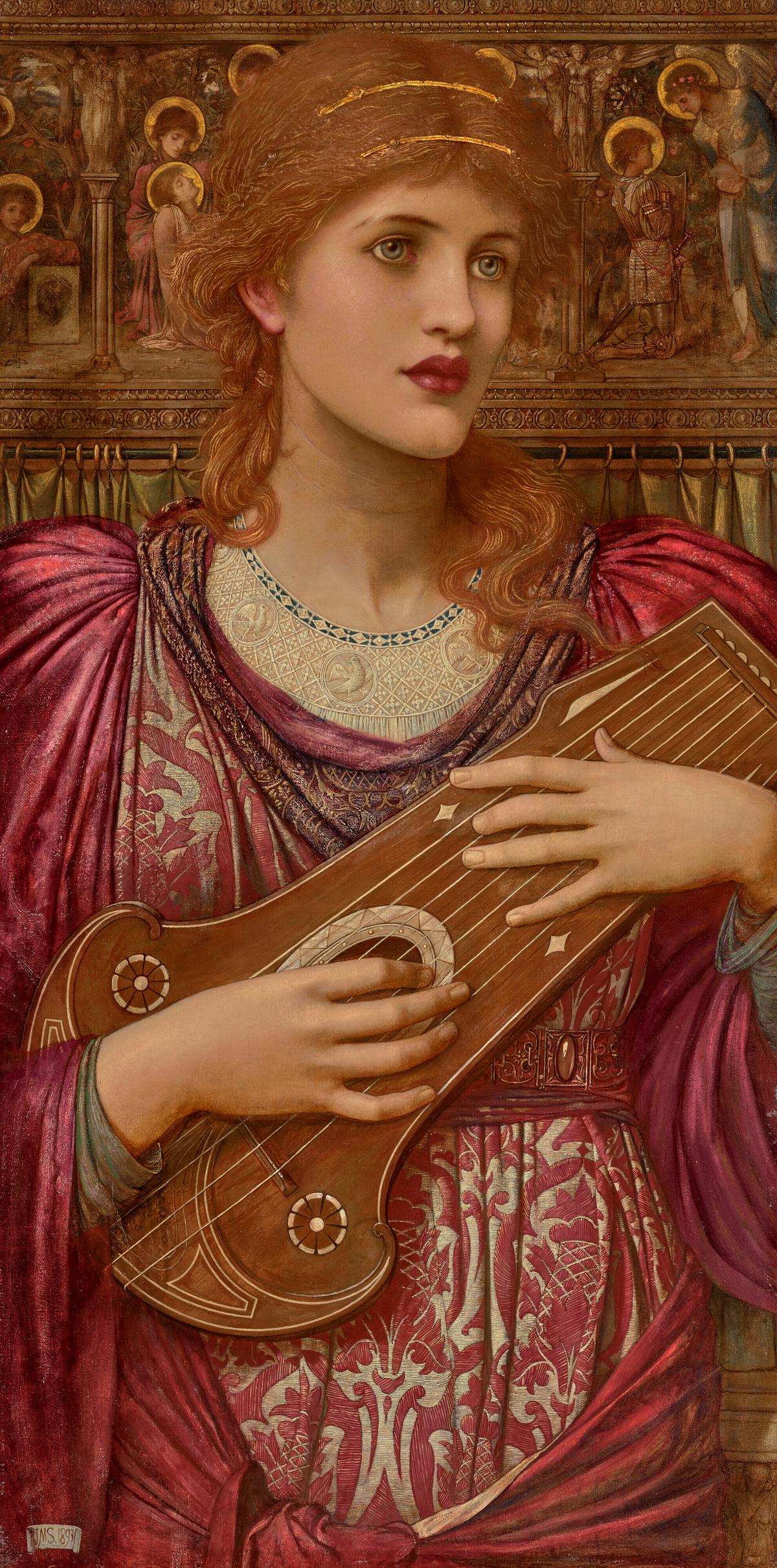 'Thy Music, faintly falling, dies away, Thy dear eyes dream that Love will live for aye," 1893, by John Melhuish Strudwick. Oil on canvas; 30 1/2 inches by 15 5/8 inches. (Christie's)