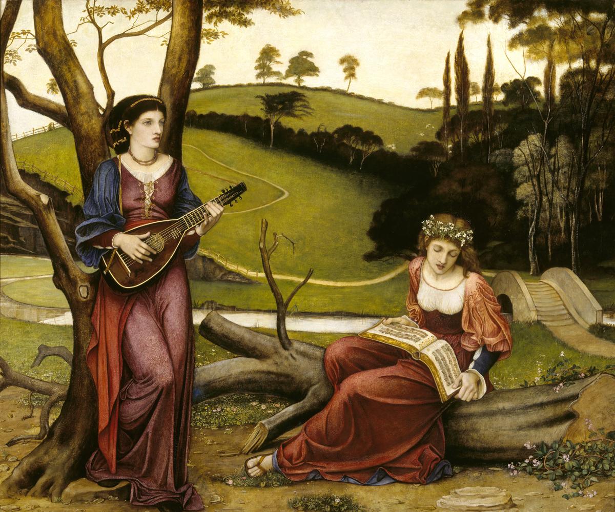"The Gentle Music of a Bygone Day," 1873, by John Roddam Spencer Stanhope. Oil on canvas; 38 inches by 46 3/4 inches. Wightwick Manor, National Trust. (Public Domain)