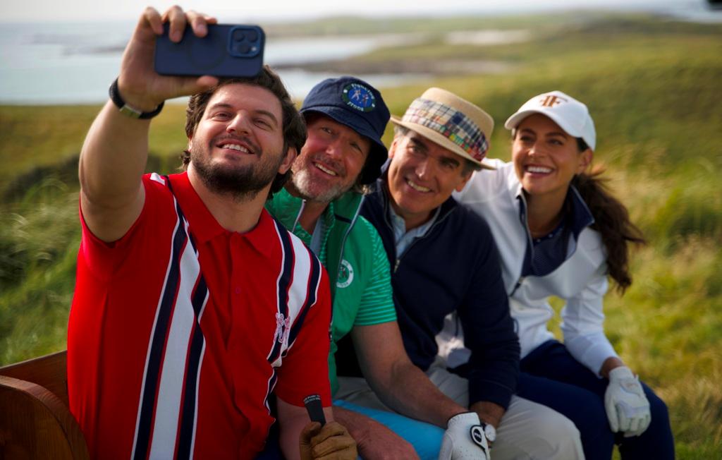 (L–R) The Finnegans: Frankie (Brian Muller), Freddy (Edward Burns, Teddy (Brian d'Arcy James), and Marie (Erica Hernández), in “Finnegan’s Foursome.” (Republic Pictures)