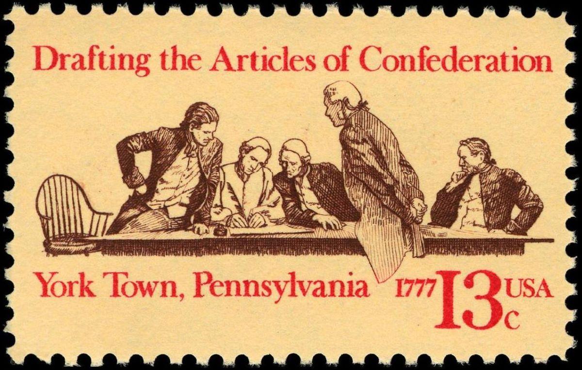 A 1977 13-cent U.S. postage stamp commemorating the Articles of Confederation bicentennial. The draft was completed on Nov. 15, 1777. Smithsonian National Postal Museum. (Public Domain)
