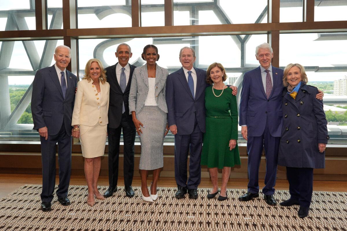 (L-R) Former President Joe Biden and former first lady Jill Biden, former President Barack Obama and former first lady Michelle Obama, former President George W. Bush and former first lady Laura Bush, and former President Bill Clinton and former Secretary of State Hillary Clinton, pose together ahead of the dedication ceremony at the Obama Presidential Center on June 18, 2026, in Chicago. (Pablo Martinez Monsivais, Pool, AP Photo)