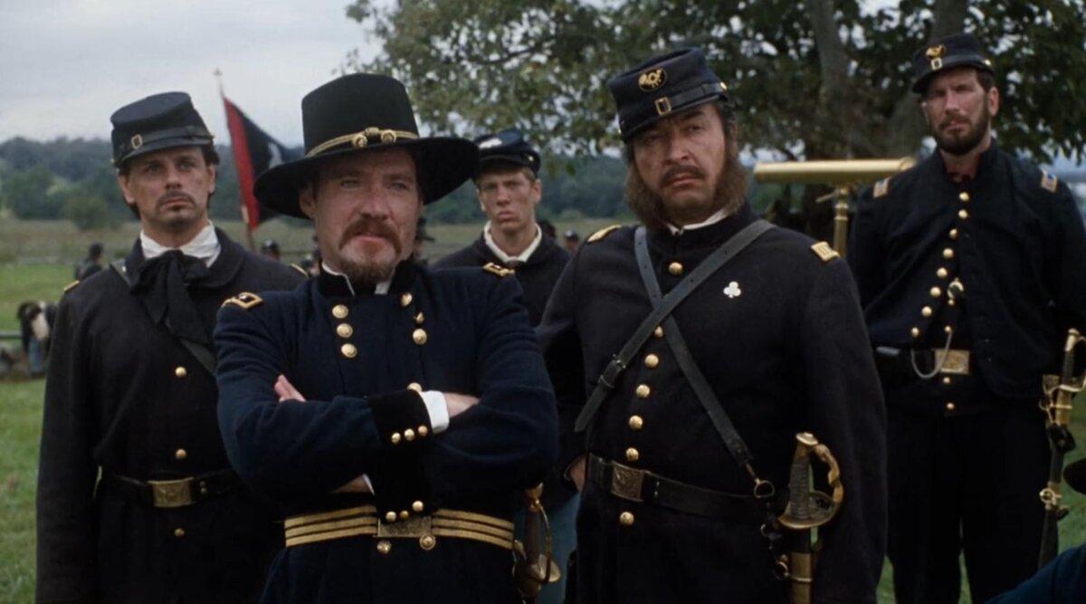 Maj. Gen. Winfield Scott Hancock (Brian Mallon, center left), in "Gettysburg." (New Line Cinema)