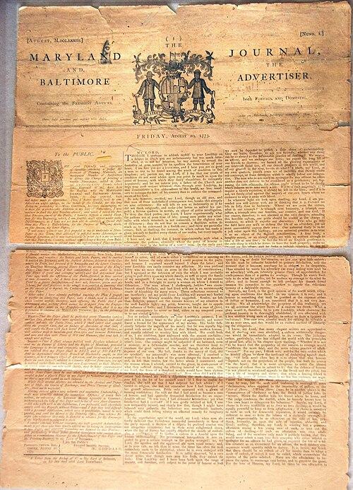 Baltimore's first newspaper, the Maryland Journal and Baltimore Advertiser, was founded by William Goddard and kept alive by Mary Goddard through the Revolutionary War years. It established her reputation as a reliable colonial printer. (Public Domain)