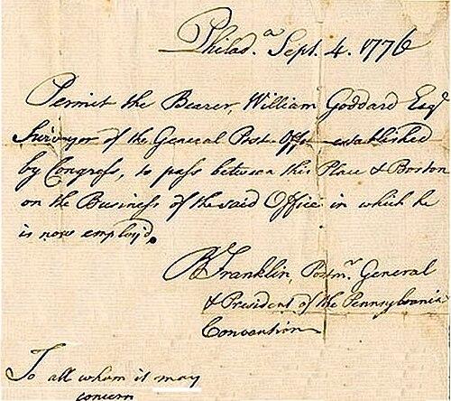A 1776 letter signed by Benjamin Franklin, appointing William Goddard as surveyor for the newly formed Constitutional Post. (Public Domain)