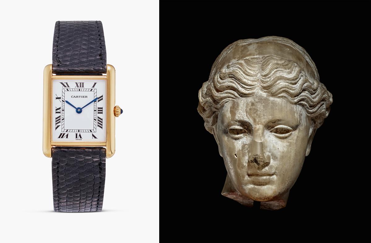 (Left) An 18k yellow gold Cartier wristwatch gifted to Maurice Tempelsman by Jackie Kennedy Onassis, circa 1985. (Right) Jacqueline Kennedy Onassis's "My Greek Alabaster Head of Goddess," in the "Taste of the Antique," 8 1/2 inches. (Sotheby's)