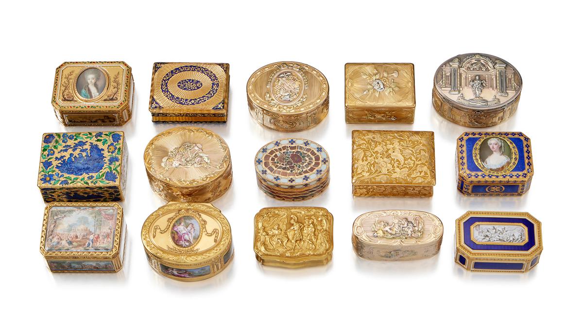 The auction features a collection of gold, decorative boxes from the collection of Maurice Tempelsman. (Sotheby's)