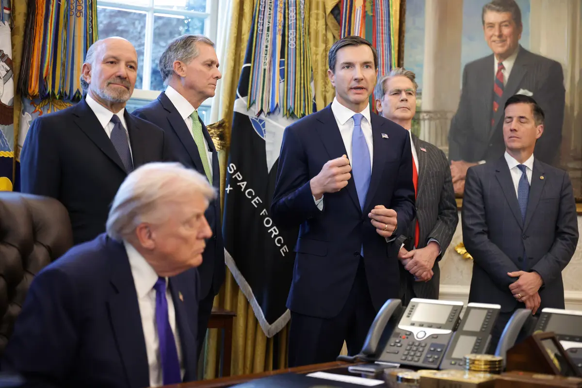 John Jovanovic, president and chairman of the U.S. Export-Import Bank, speaks as President Trump unveils plans to create the U.S. Strategic Critical Minerals Reserve during an Oval Office event on Feb. 2, 2026. (Alex Wong/Getty Images)