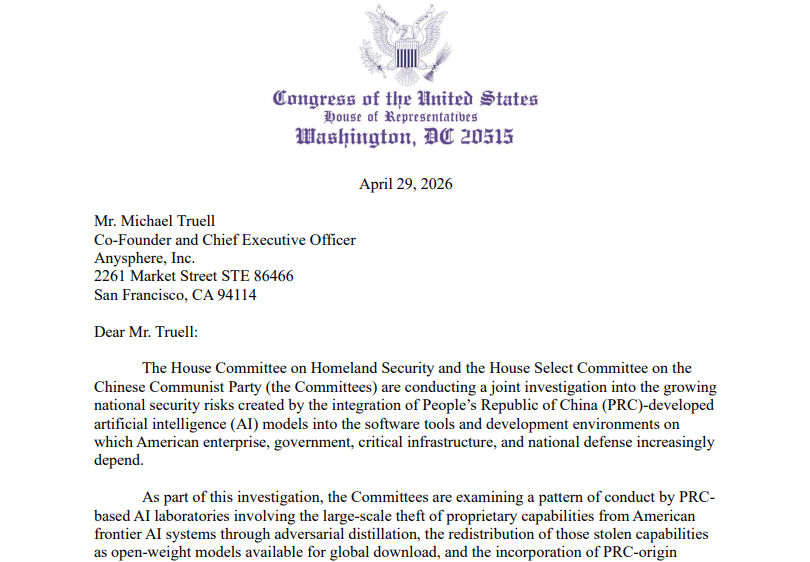 A portion of an April 29 letter from the House Homeland Security Committee and the House Select Committee on the Chinese Communist Party to Anysphere, maker of Cursor. (House Homeland Security Committee)
