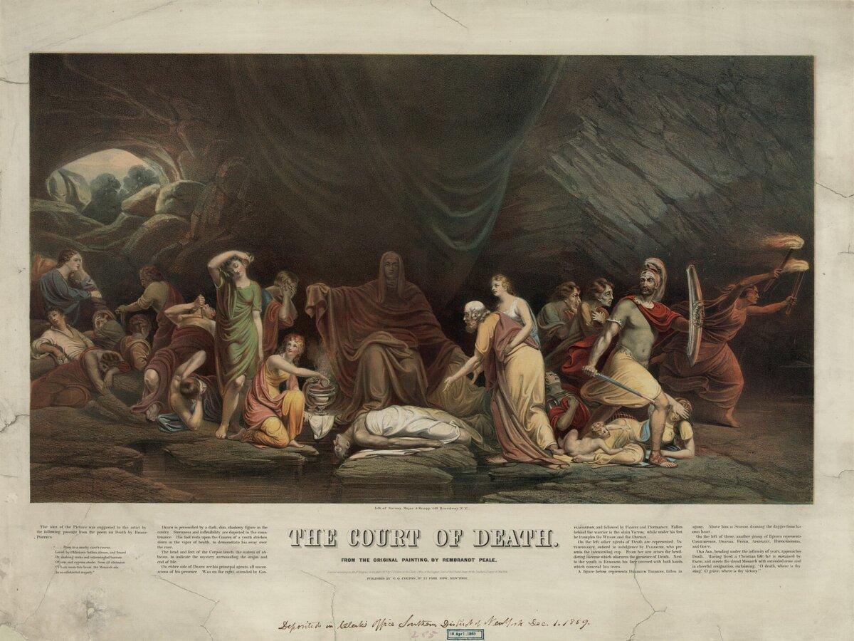 “The Court of Death,” lithograph with detailed description, from the original 1820 painting by Rembrandt Peale. (Public Domain)