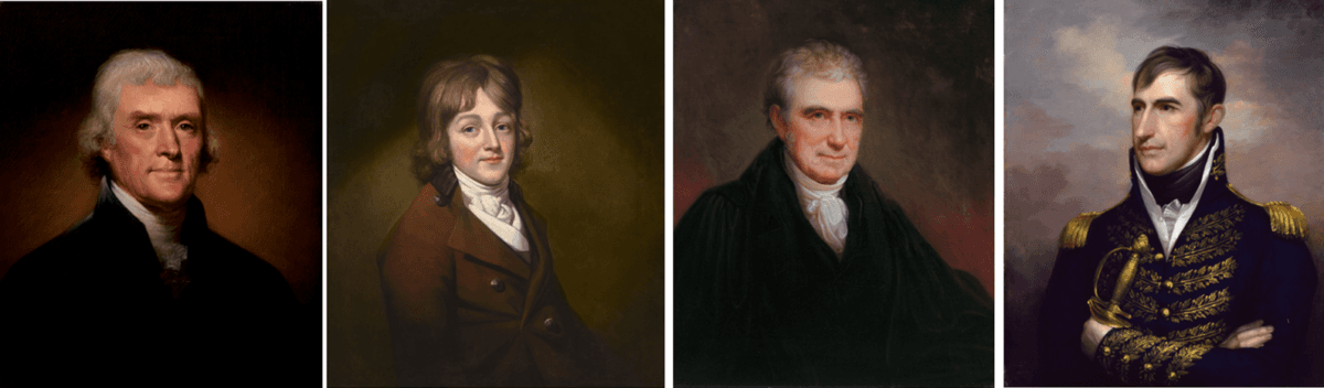 Rembrandt Peale's portraits of famous Americans: (L–R) Thomas Jefferson, 1800; Francis Scott Key, 1796; Justice John Marshall, 1834; and William Henry Harrison, 1813. (Public Domain)