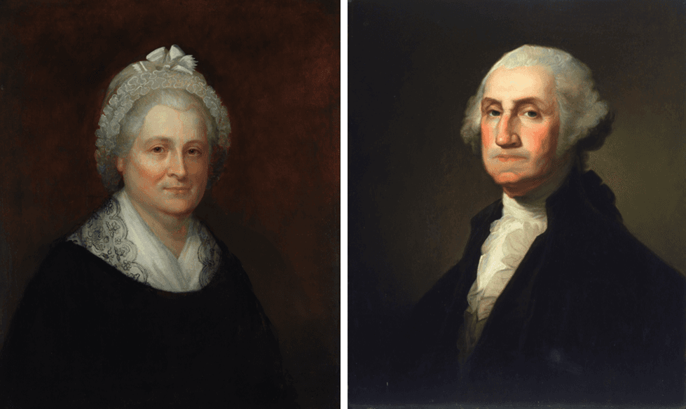 (Left) A portrait of Martha Washington, 1796, by Rembrandt Peale. (Right) His portrait of George Washington, 1854. (Public Domain)
