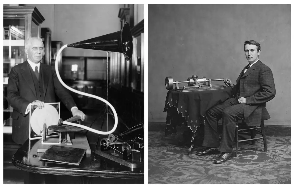 (Left) German-American engineer Emile Berliner with the model of the first phonograph machine he invented, circa 1920. (Right) Thomas Edison and his phonograph, circa 1877. (Public domain)