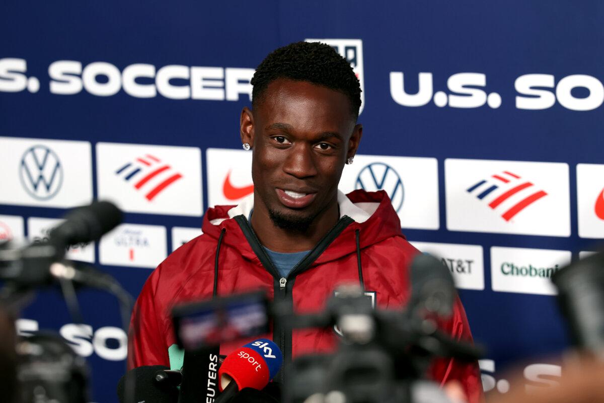 Folarin Balogun of the United States talks to reporters during a World Cup 2026 training session at Great Park Sports Complex in Irvine, Calif., on June 22, 2026. (Jamie Squire/Getty Images)