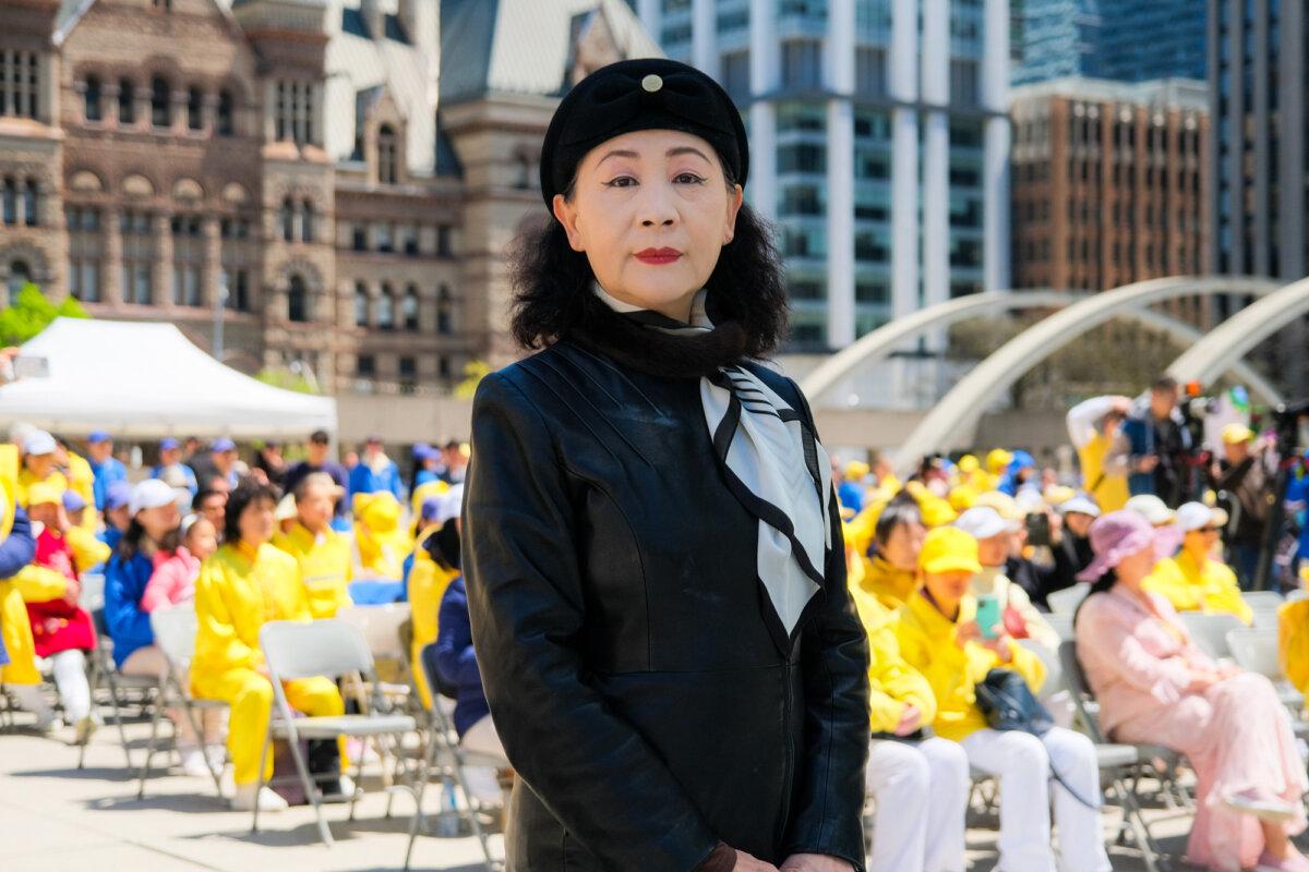 Sheng Xue, a journalist, poet, and pro-Chinese democracy activist, at Nathan Phillips Square in Toronto on May 11, 2025. (Arek Rusek for The Epoch Times)