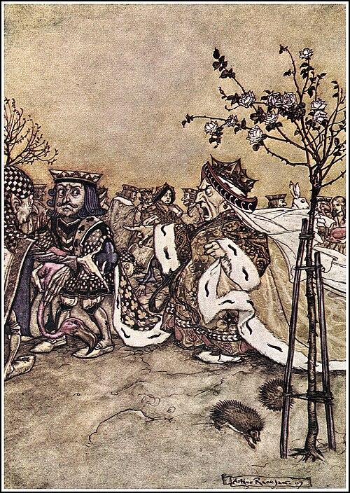 The Queen of Hearts embodied through disproportion: Rackham pairs an exceptionally short torso with a large, harsh countenance to instantly signal a temperamental and untrustworthy character to young readers. (Public Domain)