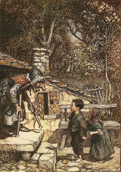 Mapping the distortion of the soul: The witch’s ungainly posture, jagged features, and exaggerated jaw provide an intentional geometric contrast to the balanced, symmetrical forms of Hansel and Gretel. (Public Domain)