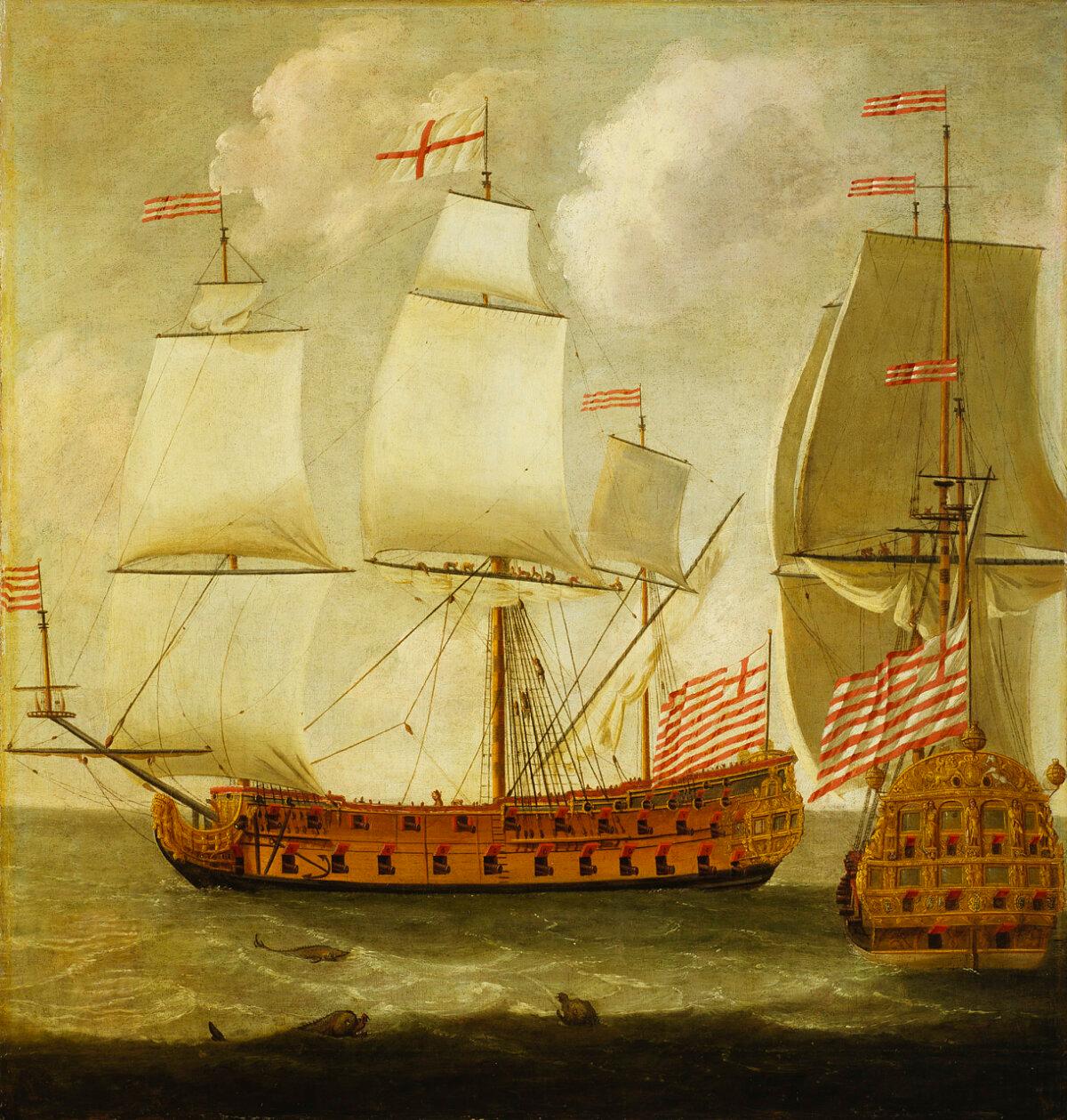 "Two Views of an East Indiaman of the Time of King William III," circa 1685, Isaac Sailmaker. Two views of the 13 stripes on the flags feature St. George's Cross on the upper left corner. (Public Domain)