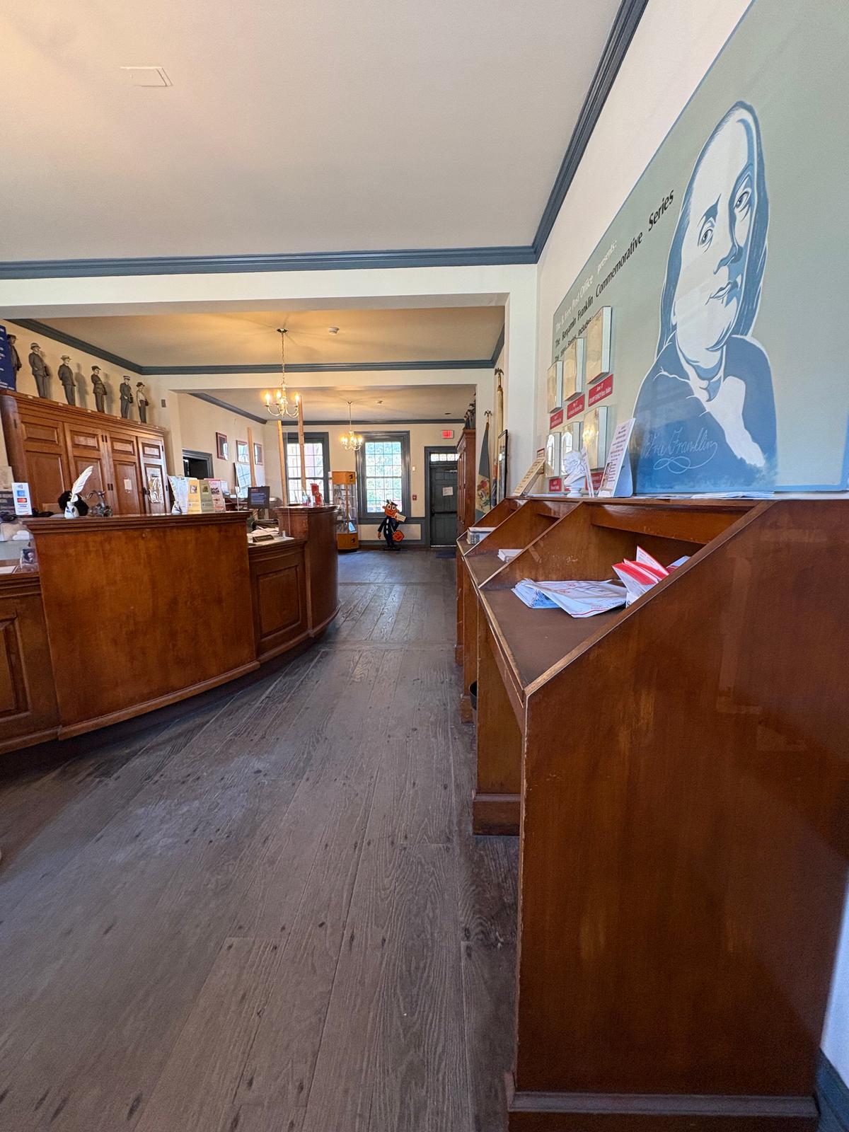 Inside the B. Free Post Office are functioning registers and historical kiosks where visitors can learn about the founding father. (Deena Bouknight)