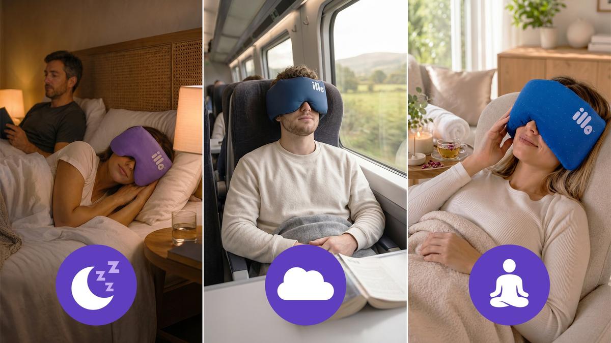 illo is a 3-in1 powerful sleep tool that functions as a premium sleep mask, a plush travel pillow and a moldable Cushion.