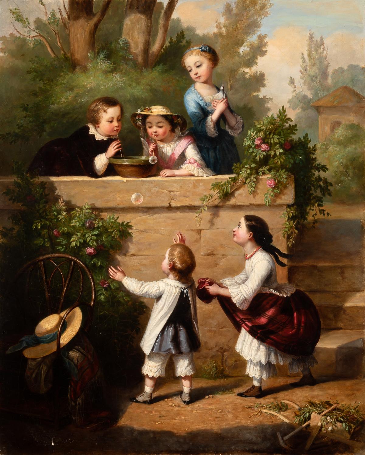 "Children Blowing Bubbles," circa 1840s–1860s, attributed to Clara Nargeot. Oil on canvas; 29 inches by 23 1/4 inches. Private collection. (Public Domain)