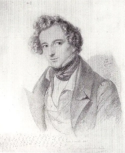 A portrait of Felix Mendelssohn, 1833, by <span title="German painter (1811-1889)">Eduard Bendemann</span>. Mendelssohn captured his impression of a twilight night in the roofless Holyrood Chapel and wove it into the opening of his "Scottish" Symphony. (Public Domain)