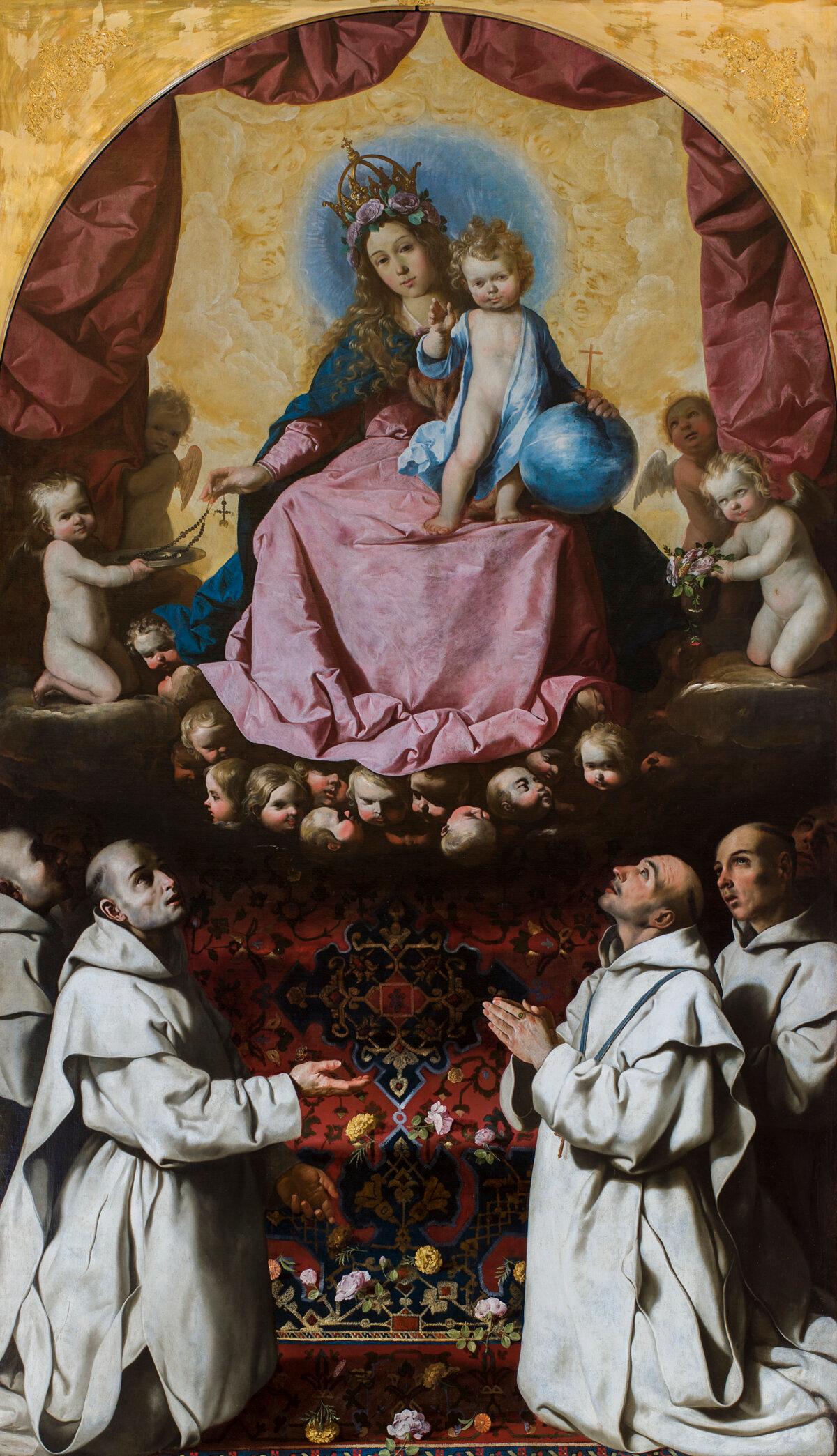 “The Virgin of the Rosary With the Carthusians,” circa 1638–1639, by Francisco de Zurbarán. Oil on canvas; 10 foot, 8 inches by 6 foot 3 3/4 inches. Private collection. (Digital Photography Studio MNP/Copyright The Raczynski Foundation at the National Museum in Poznan, Poland)