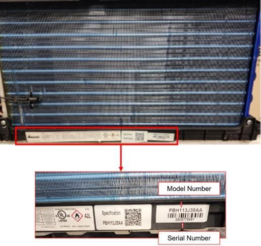 The location of the product label on an Amana-brand Model PBH113J35AA Through-the-Wall heat pump is seen in a file photo. (Courtesy Amana Heating & Air Conditioning)