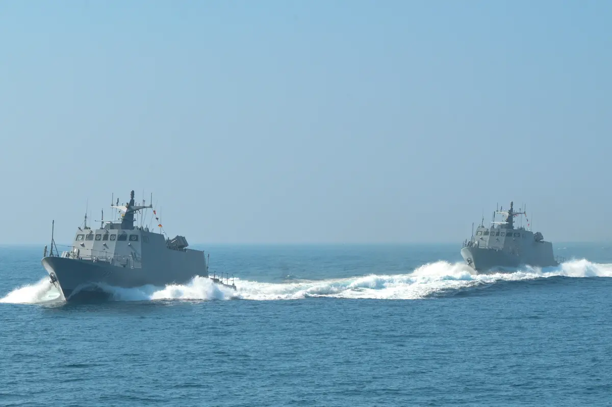Two Taiwan made Kuang Hua VI class missile boats attend the Ministry National of Defense exercise outside the Zuoying navy harbor on Jan. 31, 2024. (Sam Yeh/AFP via Getty Images)