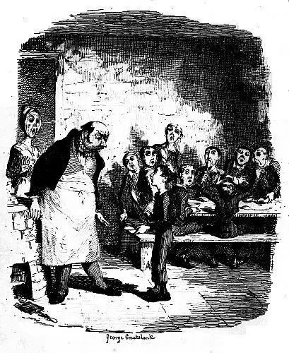This image of Oliver Twist asking for "more" appears as the frontispiece of the first edition of "Oliver Twist." Project Gutenberg. (Public Domain)