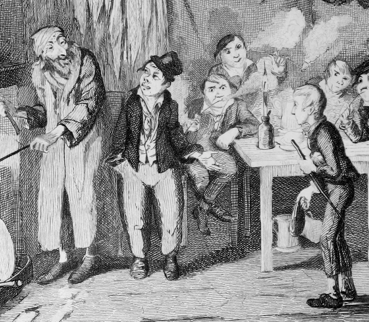 George Cruikshank original etching of the Artful Dodger (C), here introducing Oliver (R) to Fagin (L). (Public Domain)