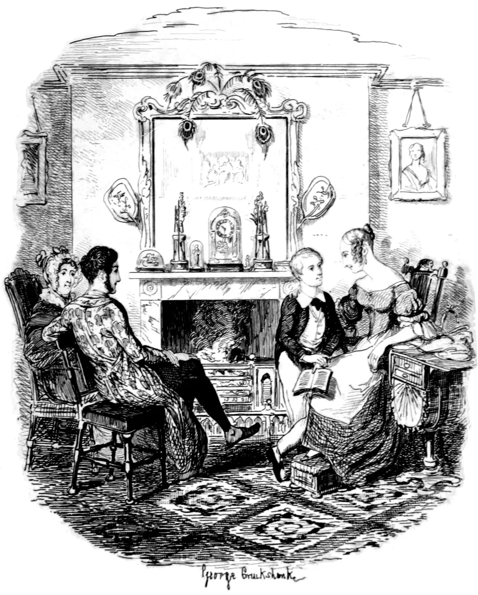"Rose Maylie and Oliver," illustration by George Cruikshank in "Oliver Twist." (Public Domain)