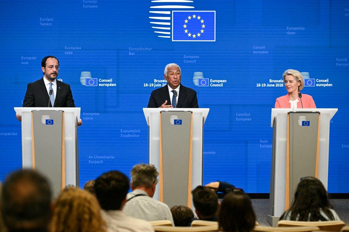 European Council President Antonio Costa (C) and European Commission President Ursula von der Leyen attend the final press conference as part of the EU Summit at EU headquarters in Brussels on June 19, 2026. (Nicolas Tucat/ AFP via Getty Images)