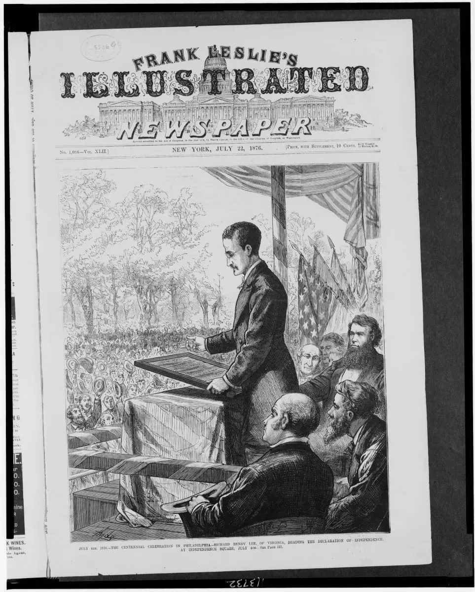 The centennial celebration in Philadelphia: Richard Henry Lee of Virginia, reading the Declaration of Independence at Independence Square, July 4. Library of Congress. (Public Domain)