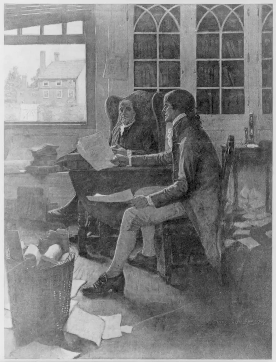 Thomas Jefferson reading rough draft of Declaration of Independence to Benjamin Franklin. Library of Congress. (Public Domain)