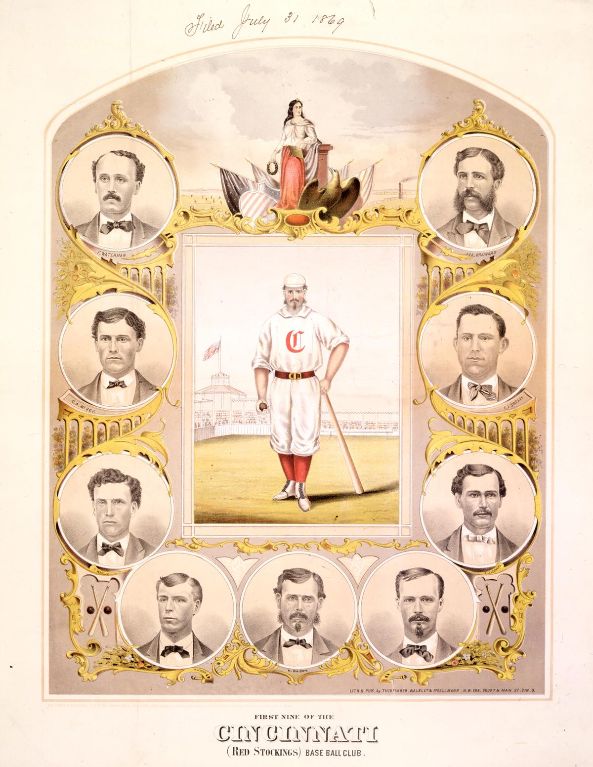 "First Nine of the Cincinnati (Red Stockings) Base Ball Club," 1869, by by Tuchfarber, Walkley & Moellman. Library of Congress. (Public Domain)