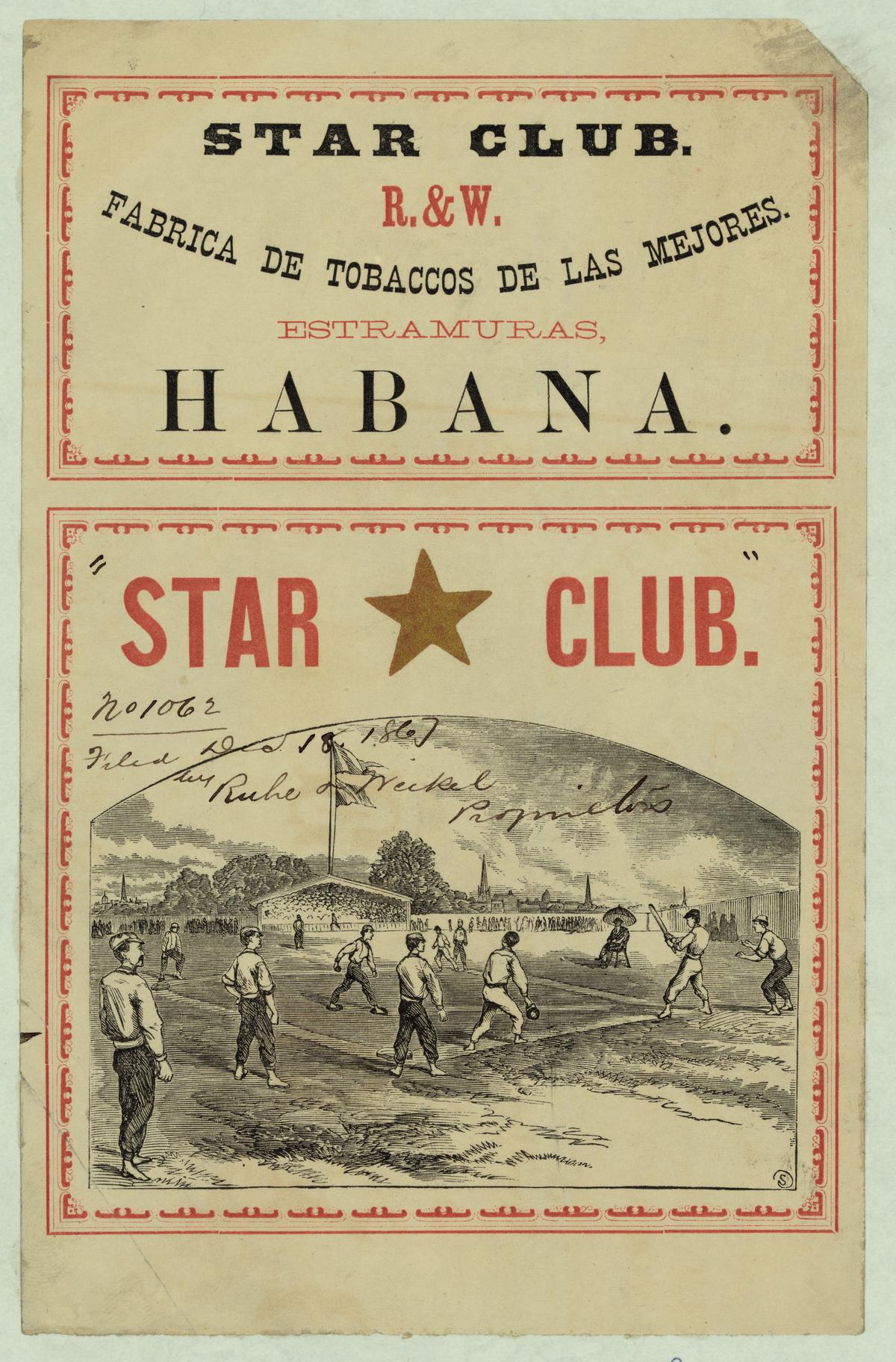 Print of Star club tobacco label showing a baseball game from the third base, circa 1867. Library of Congress. (Public Domain)