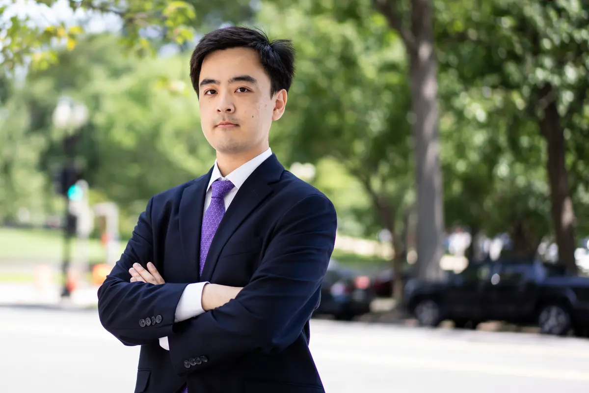 Mark Yang, researcher and advocacy officer at the Falun Dafa Information Center, in Washington on June 30, 2026. (Madalina Kilroy/The Epoch Times)