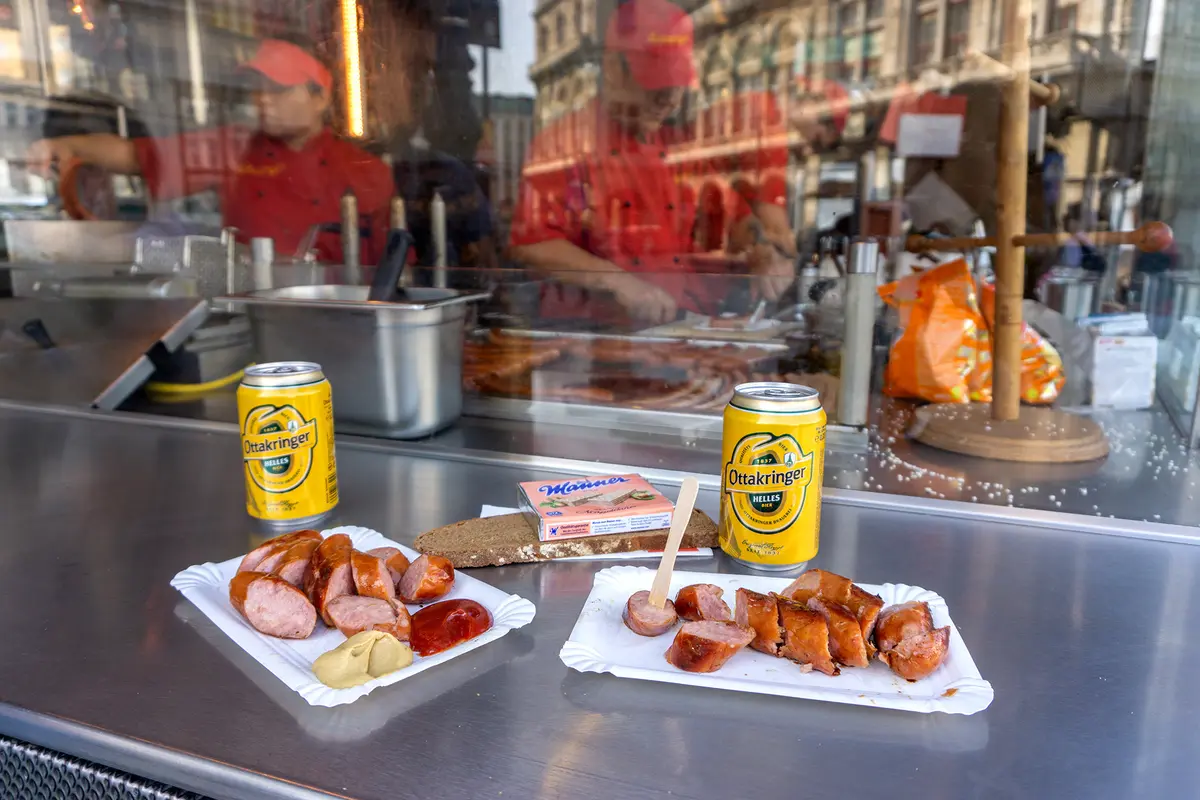 Bitzinger Würstelstand, one of Vienna's best-known sausage stands, serves traditional Austrian sausages like Käsekrainer and Bratwurst. (cktravels.com/Shutterstock)