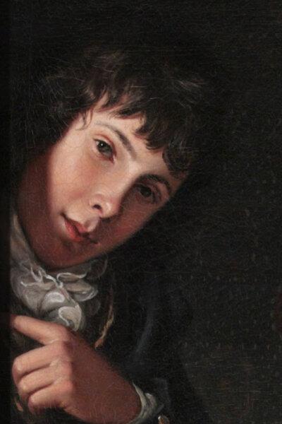 Portrait of Titian Peale (cropped) as in "The Staircase Group" (1795), a trompe-l'œil by Charles Willson Peale depicting his sons Raphaelle and Titian Peale I. (Public Domain)